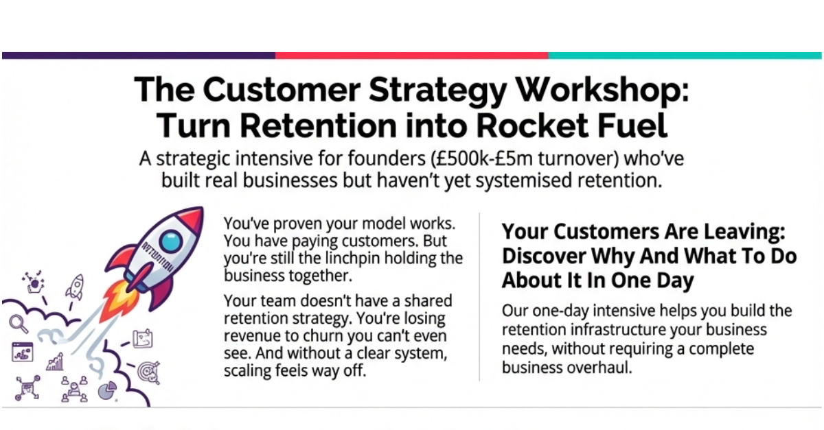 An image of a rocket breaks up text which reads: The Customer Strategy Workshop: Turn Retention into Rocket Fuel. Fill in the form on this page to download a PDF version of the full one-page document detailing what is involved, the framework we use and your investment for the workshop.